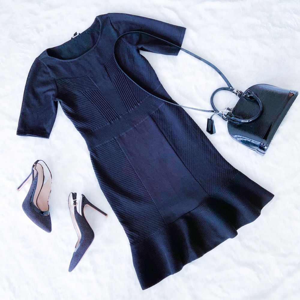 Ann Taylor | Knit Office Little Black Fit Flare Stretch Dress S Short Sleeve